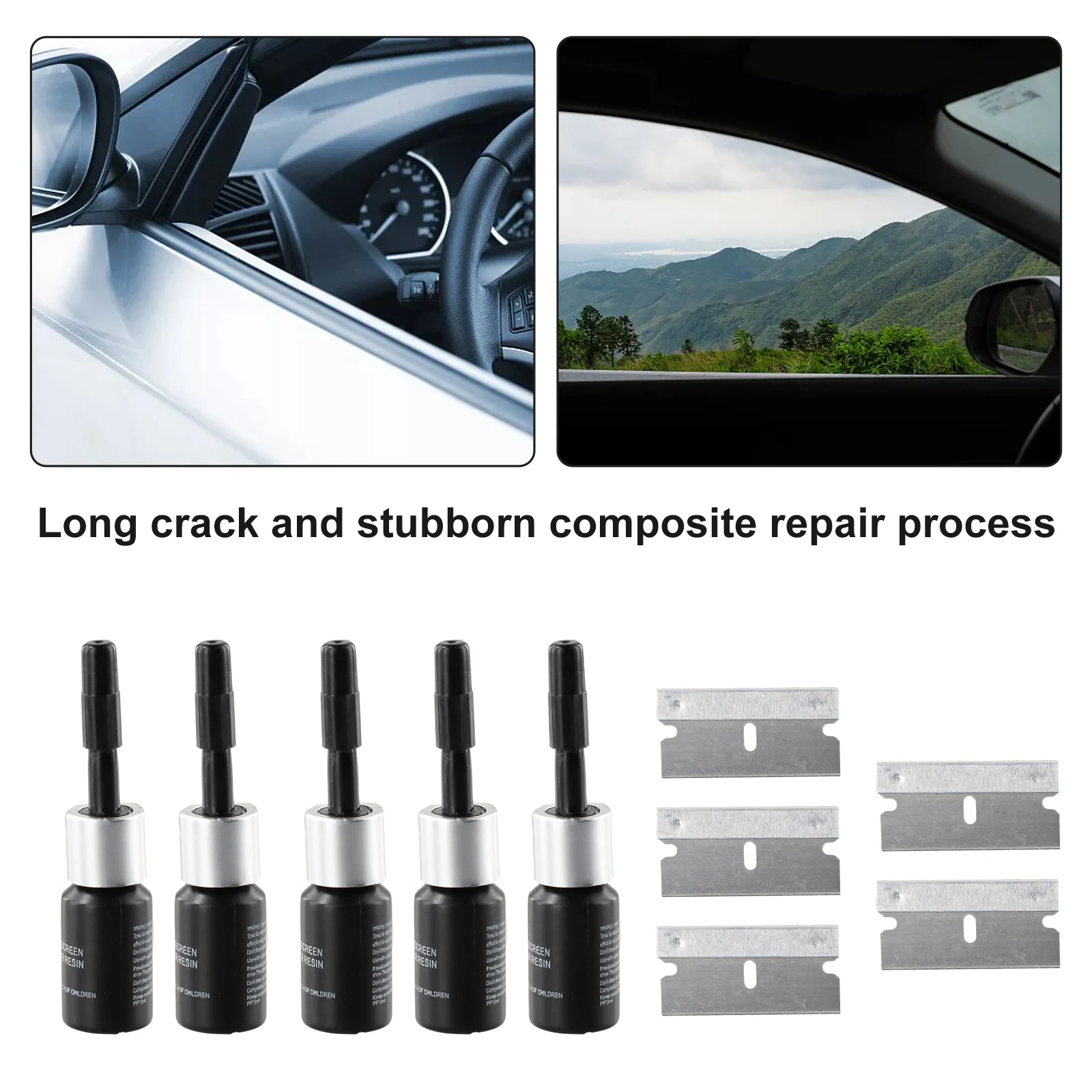 Car Windshield Resin Crack Tool Kit, Fluido de Reparação de Vidro Automotivo, Nano Líquido, 25 Tiras de Cura, 5 Mangas, 3ml, 5Pcs