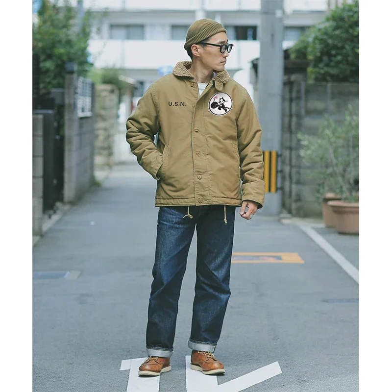 with VF-3 Felix Embroidered Patch Parka Coat N1 USN Thick Winter Mens Sherpa Fleece Deck Jacket