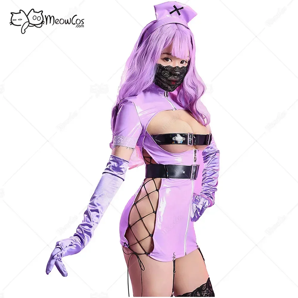 

Meowcos Women Purple Sexy Nurse Cosplay Costume with Belt and Face Mask Lace-up Nurse Lingerie Dress Open Chest Style