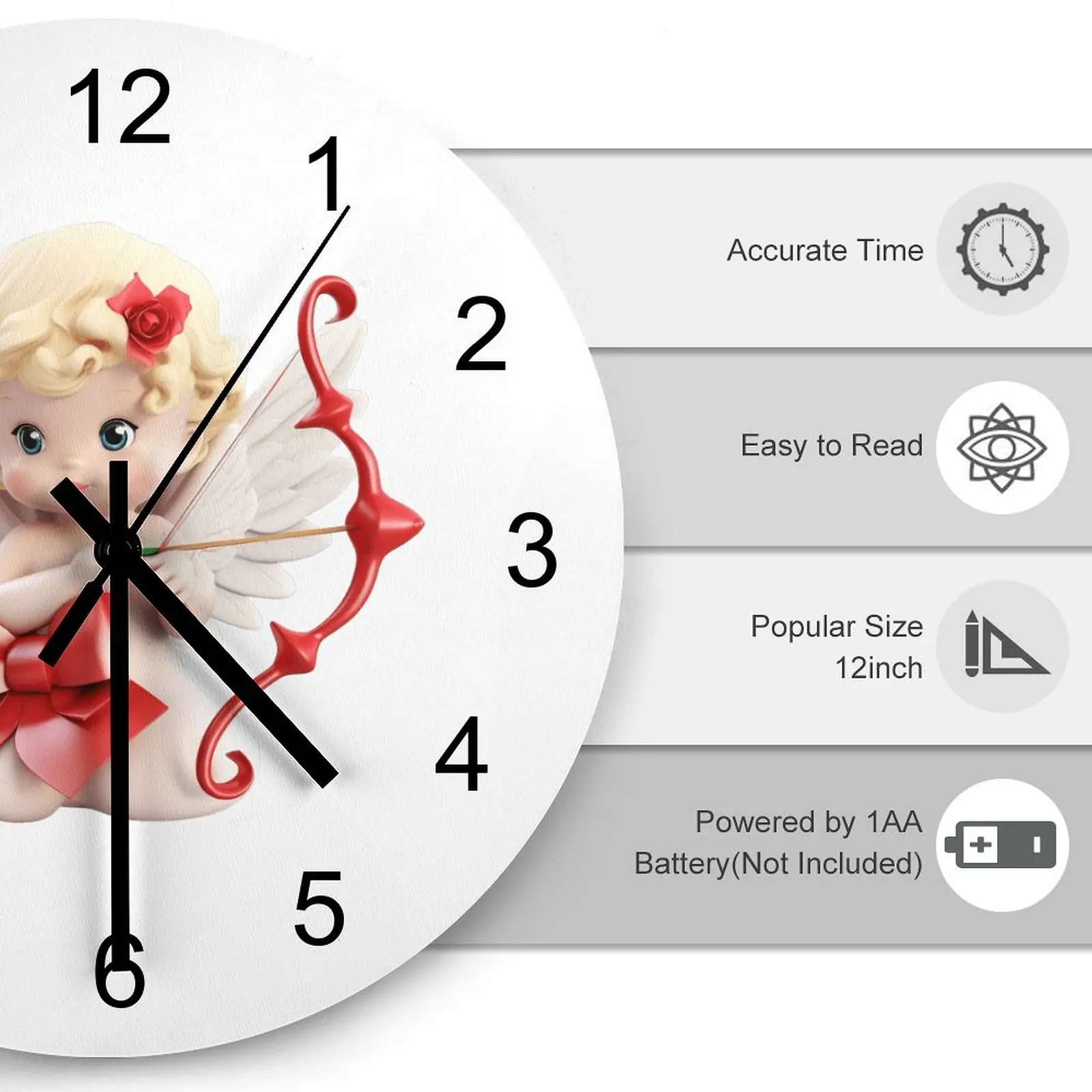 Office Wall Clock Wings Cherub Cupid Angel Clocks 12 inch Silent Fashion Round 3D Display Durable Nordic