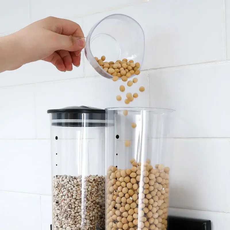 Kitchen Wall Mounted Dry Food Cereal Dispenser Grains Sealed Storage Tank Multiple-Use Airtight Clear Design Storage Dry Food