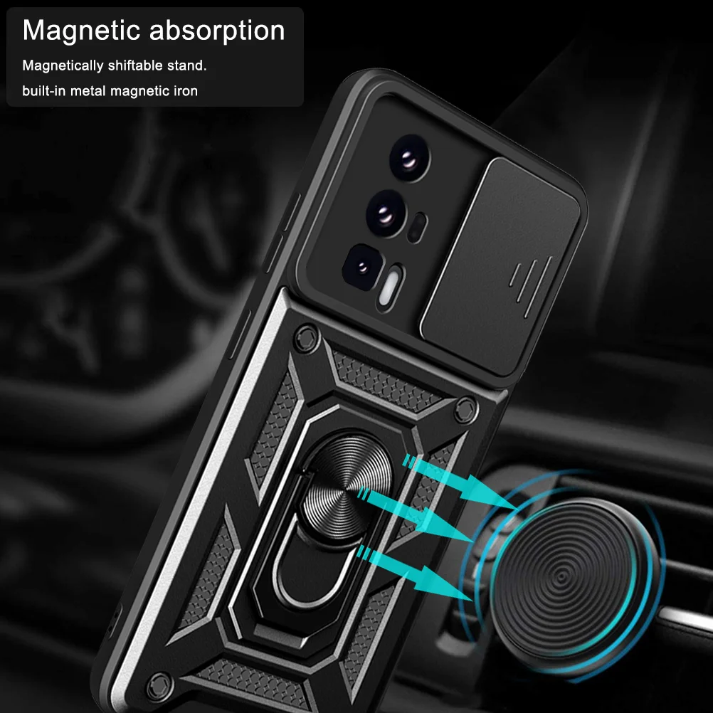 

Shockproof Magnetic Case for Xiaomi Poco F5 Pro F4 F3 5G Funda Coque Slide Camera Protection Shell Kickstand Ring Cover