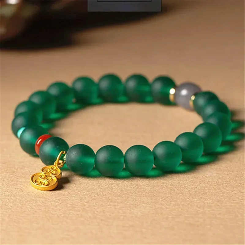 

Nepal Ancient Green Colored Glaze Natural Hetian Jade Beads Bracelet Gold Color Lucky Gourd Pendant Buddhist Charm Jewelry