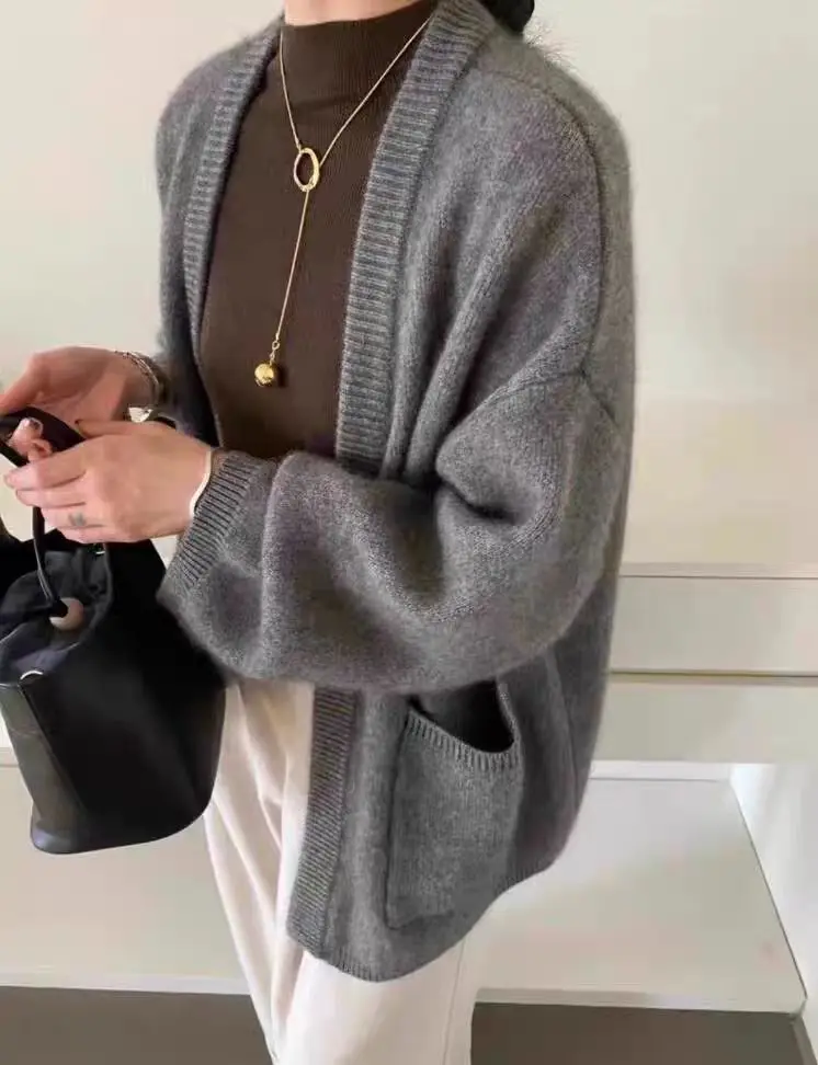 European goods autumn and winter knitted cardigan women's 100% pure wool sweater medium and long cashmere sweater coat women