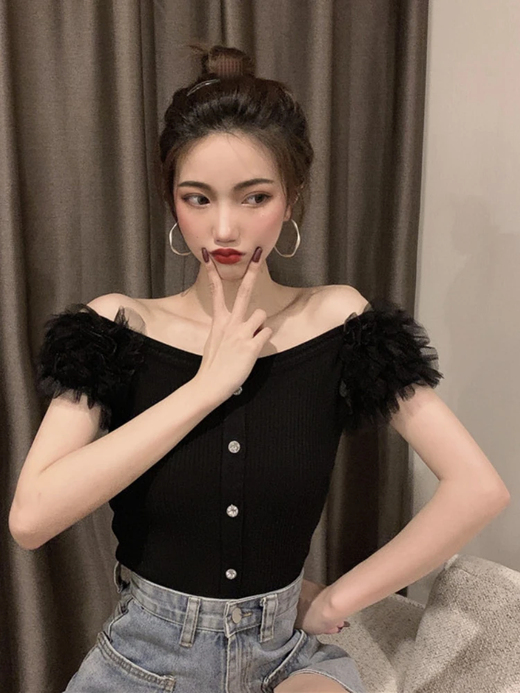 Woherb 2024 Shirts for Women Knitted Patchwork Tshirt Fashion Button Mesh Slim Y2K Tops Korean Summer O Neck Sleeveless T-shirts