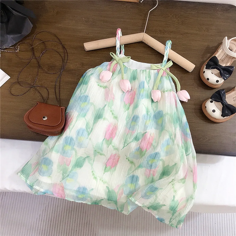 Girl's 3D Tulip Tank Princess Dress Baby Chinese Feng Shui Lnk Blend Print Dresses 2024 Fashionable Children's Chiffon Dress