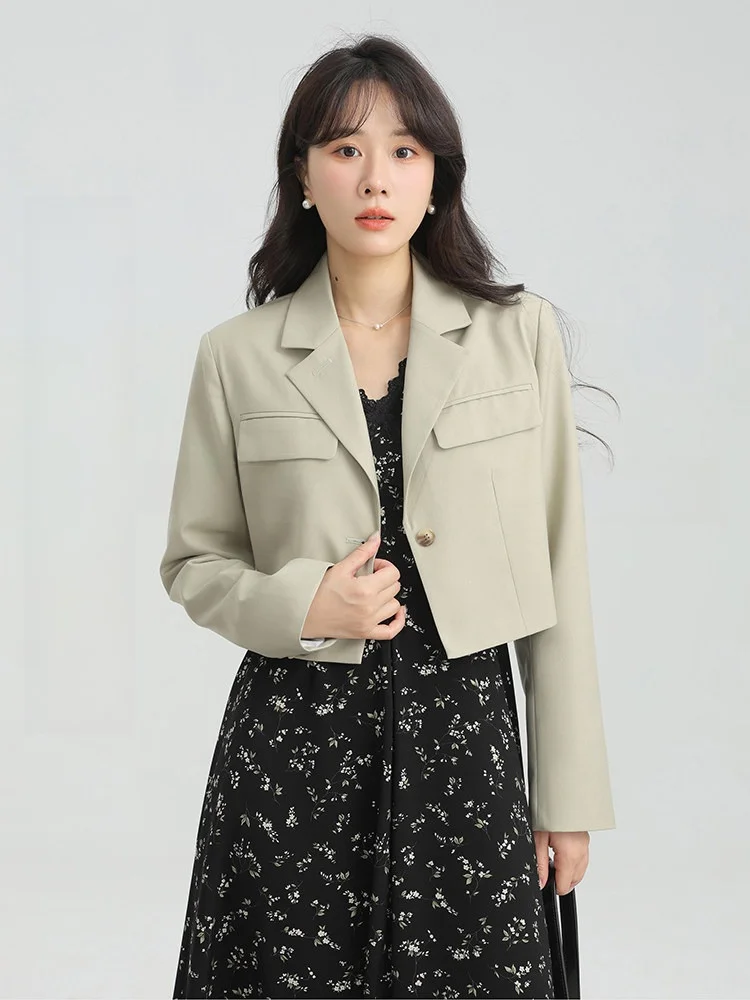 

Женский укороченный пиджак Slim Fit с подплечниками, тонкий, повседневный, высокого качества, для ранней осени, модная верхняя одежда для невысоких женщин