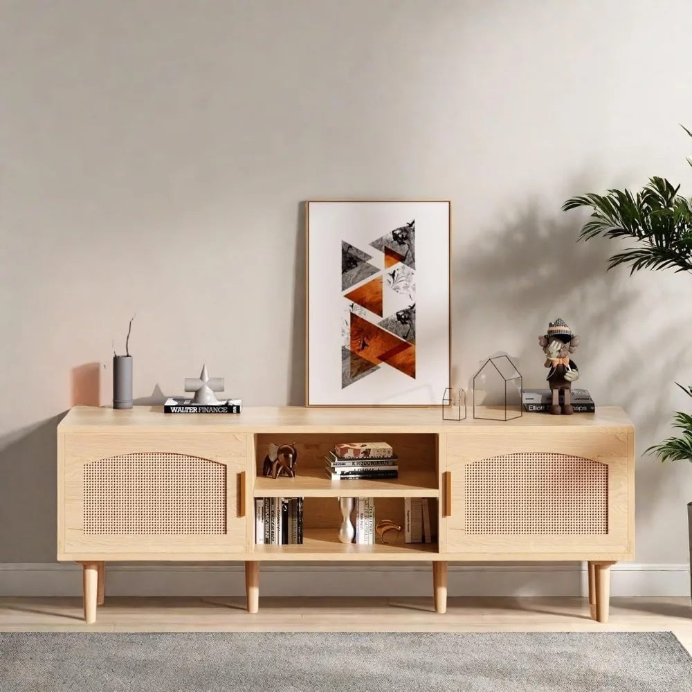 حامل تلفزيون، وحدة تحكم تلفزيون وسائط للتلفزيون حتى 60 بوصة، مركز ترفيه مخدد مع بابين بتصميم روطان، وخزانة تلفزيون بأرجل خشبية و #6