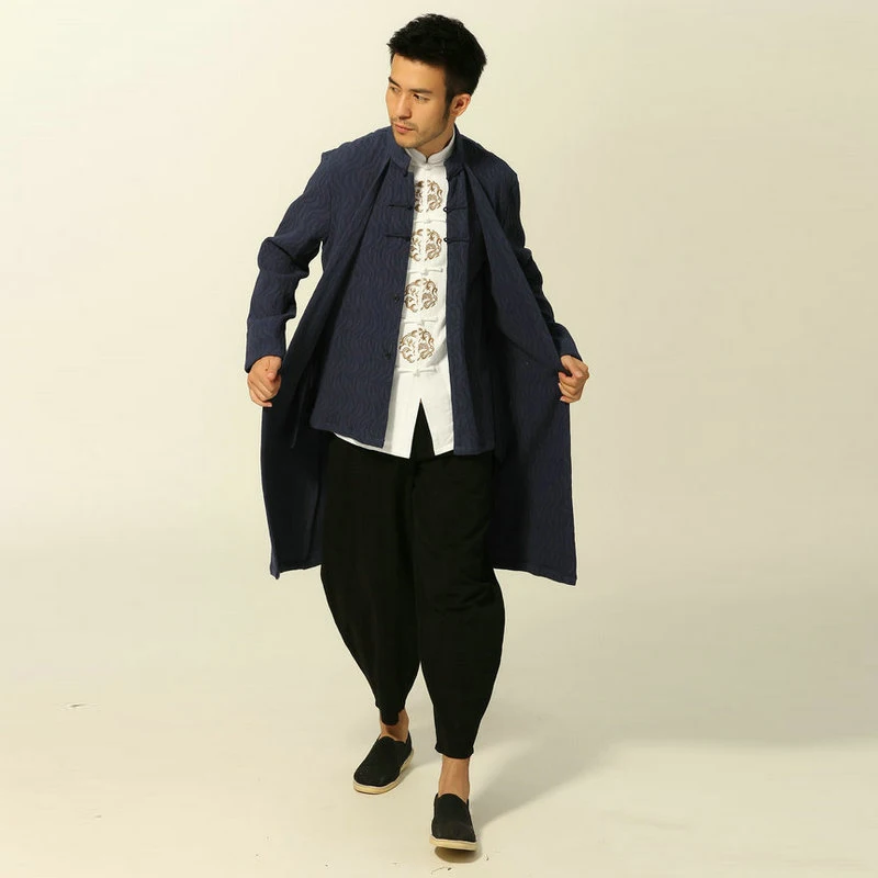 Men Cosy Trench Coat Blue Red Black Double Layered Design Outfits Mandarin Collar Cotton Outerwear Chinese Kungfu Style 2024