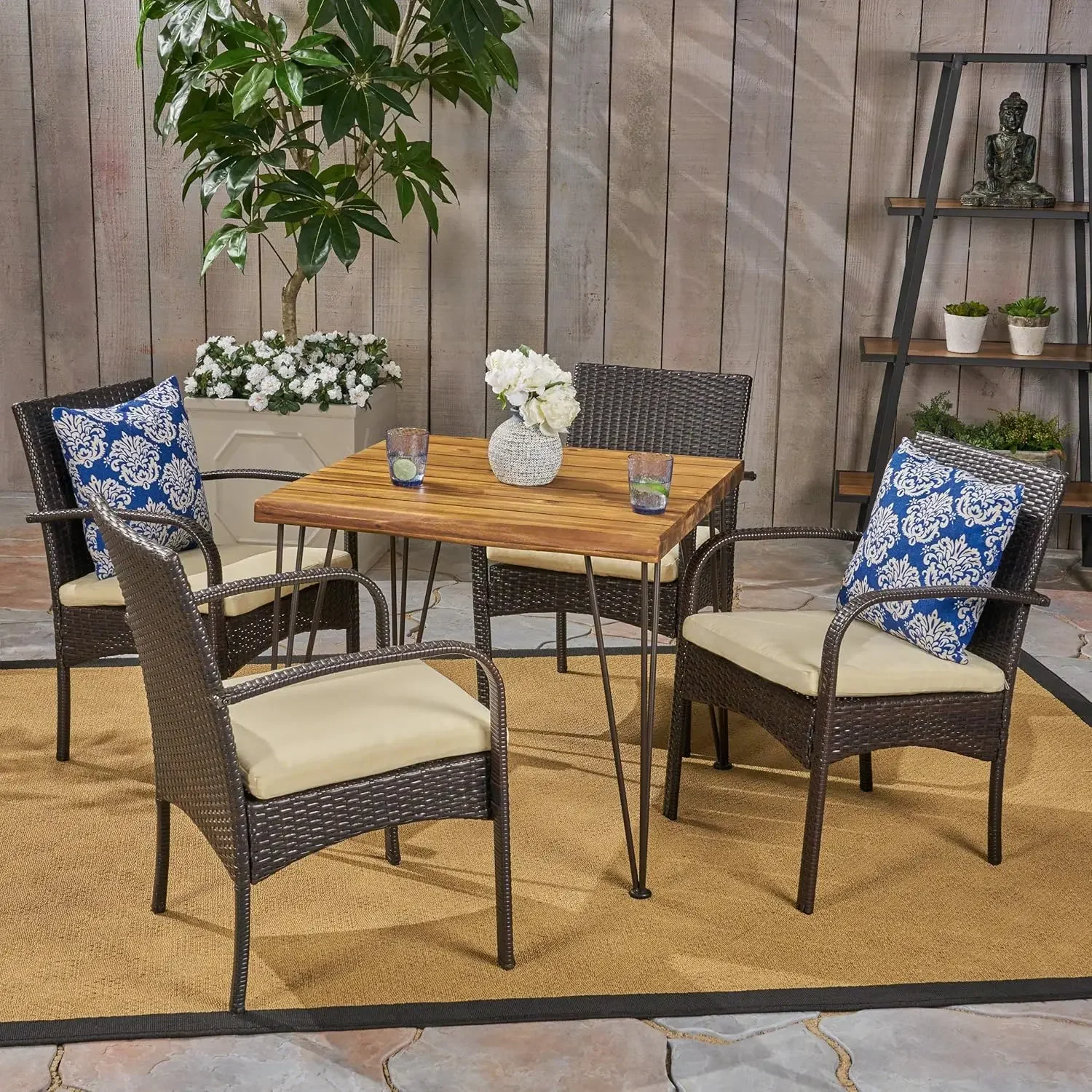 Clayton Outdoor Industrial Acacia Wood and Wicker and Iron 5 Piece Dining Set with Square Table,