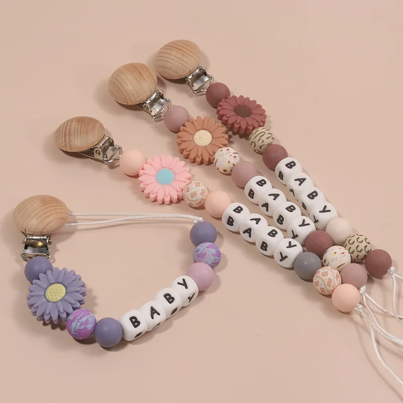 

Baby Custom Personalized Name Pacifier Clips Infant Feeding Nipple Dummy Holder Chains Silicone Flower Teething Toys Chew Gifts