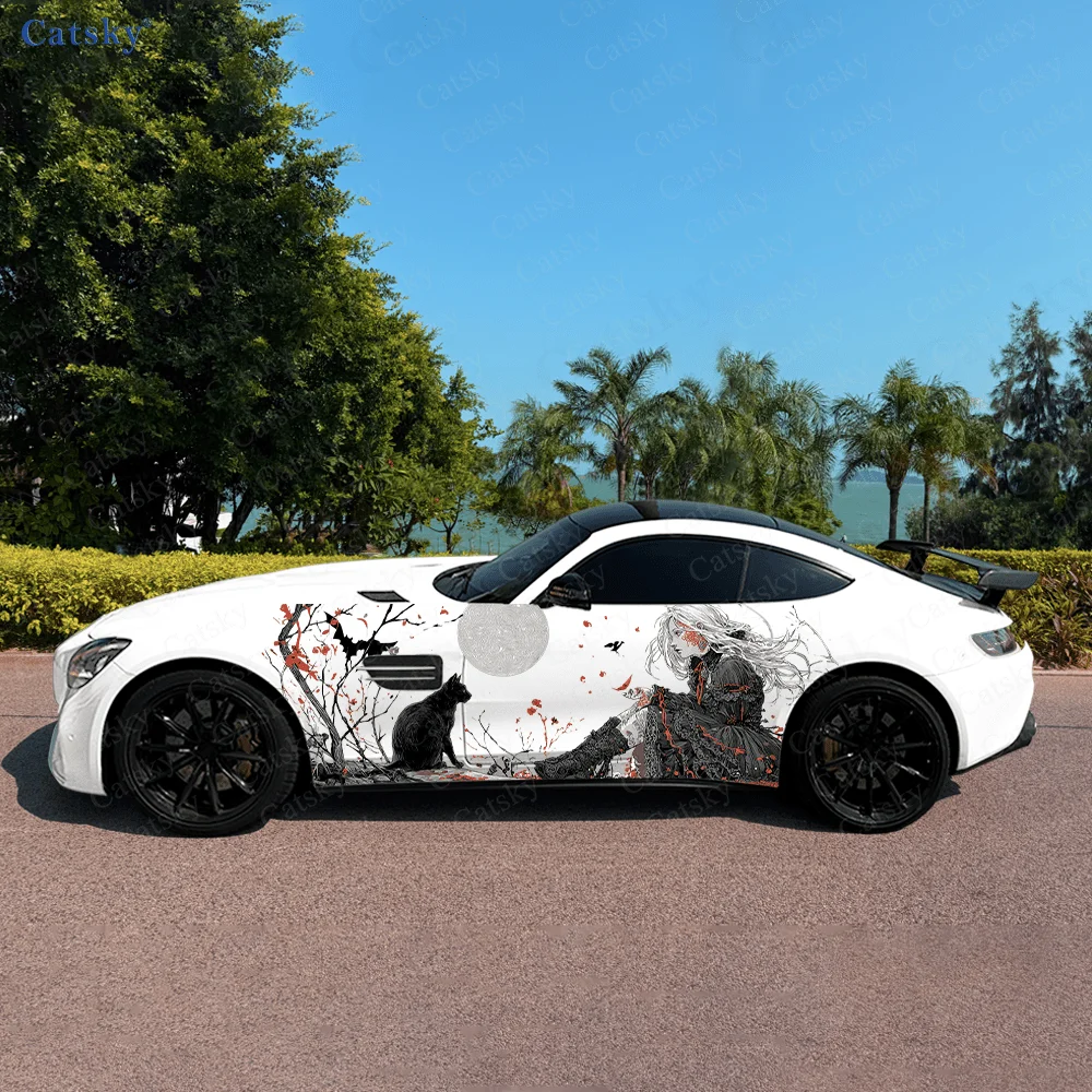 

White-haired Woman Black Cat Car Vinyl Wraps Decal Self-adhesive PVC Sticker Suitable for Trucks SUV Decor Auto Accessories Gift