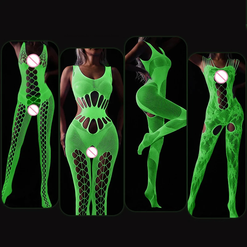 Luminous Sexy Bodysuit See Through Hollow Out Net Clothing Sexy Lingerie Mesh Sex Costumes For Mesh Dress Underwear Bondage