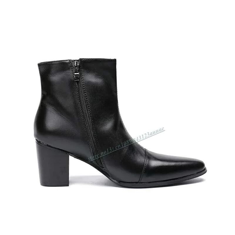 

High Quality 8cm Square High Heel Men's Black White Genuine Leather Boots Shoes Male Side Zipper Pointed Toe Ankle Boots Shoes