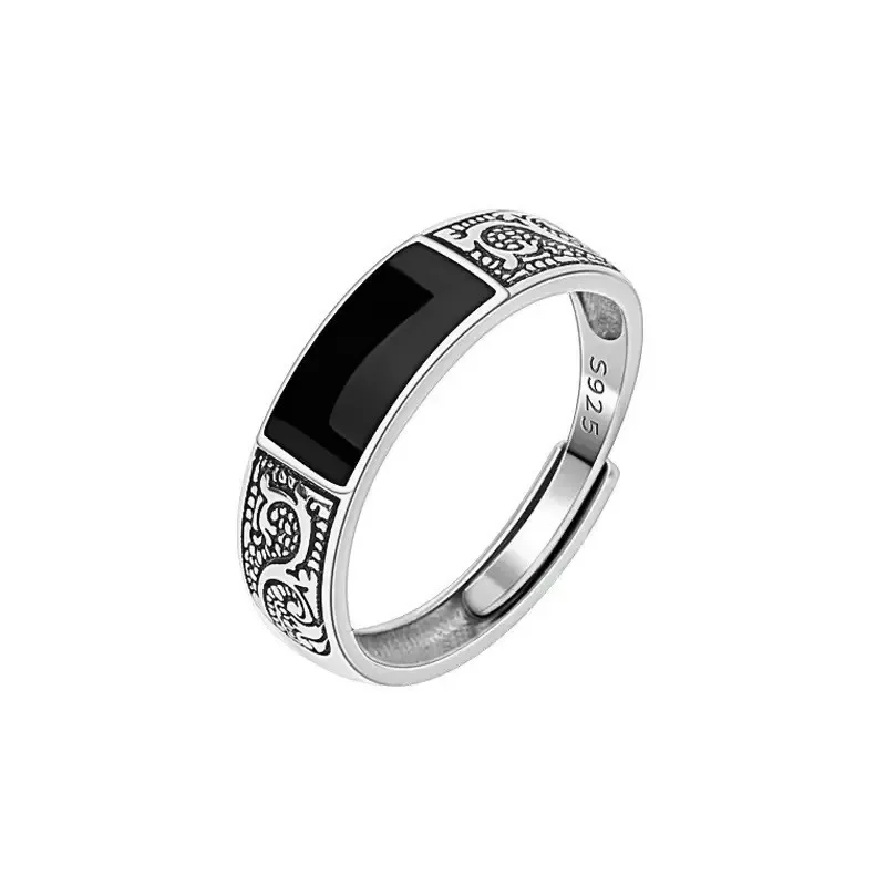 Bague en argent regardé ChimSilver pour homme, rectangle noir, motif dragon rétro, accessoires de doigt Infex masculins ouverts