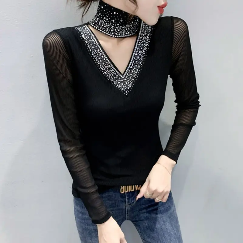 Turtleneck Bottoming Shirt Ladies Autumn Winter Fashion Diamonds Long Sleeve T-Shirts Interior Lapping Sexy Net Yarn Top Tee