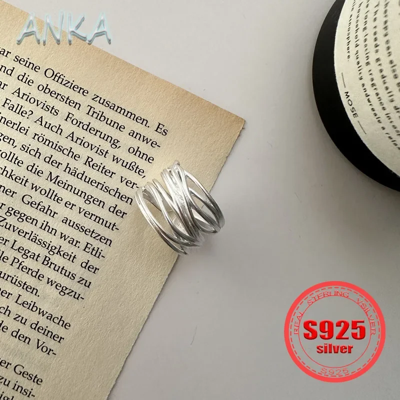 ANKA NEW S925 Sterling Silver Line Wrap Ring Simple Literary Matte Wide Open Ring