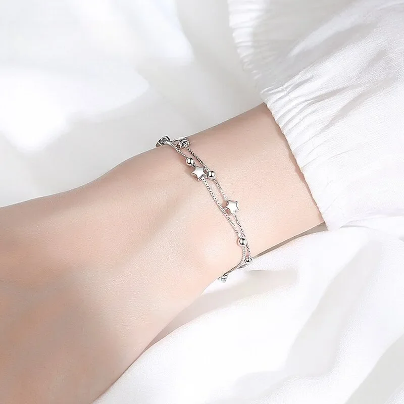 Fine 925 Sterling Silver Chain Stars Bracelets for Women Fashion Designer Adjustable Beads Bracelets Party Wedding Charm Jewelry