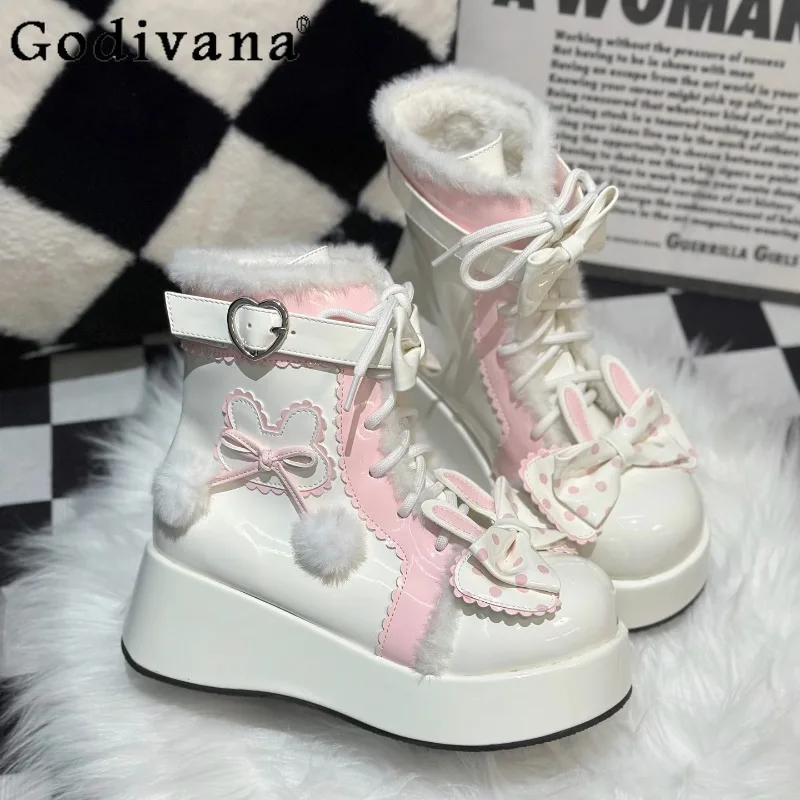 

Japanese Original Lolita Sweet Short Boots Female Cute Snow Thick Sole Shoes Autumn Winter Fleece Mid Calf Boots for Women