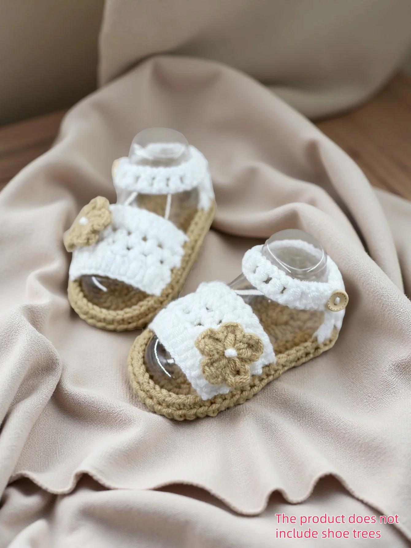 

1 Pair Handmade Baby Booties, White Crochet Infant Slippers with Flower, 0-12 Months
