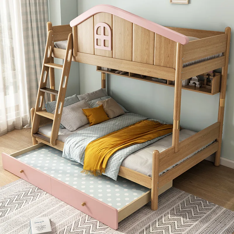 All-solid wood children's high and low beds, two-layer mother-child beds, mother-child beds, double-layer multifunctional