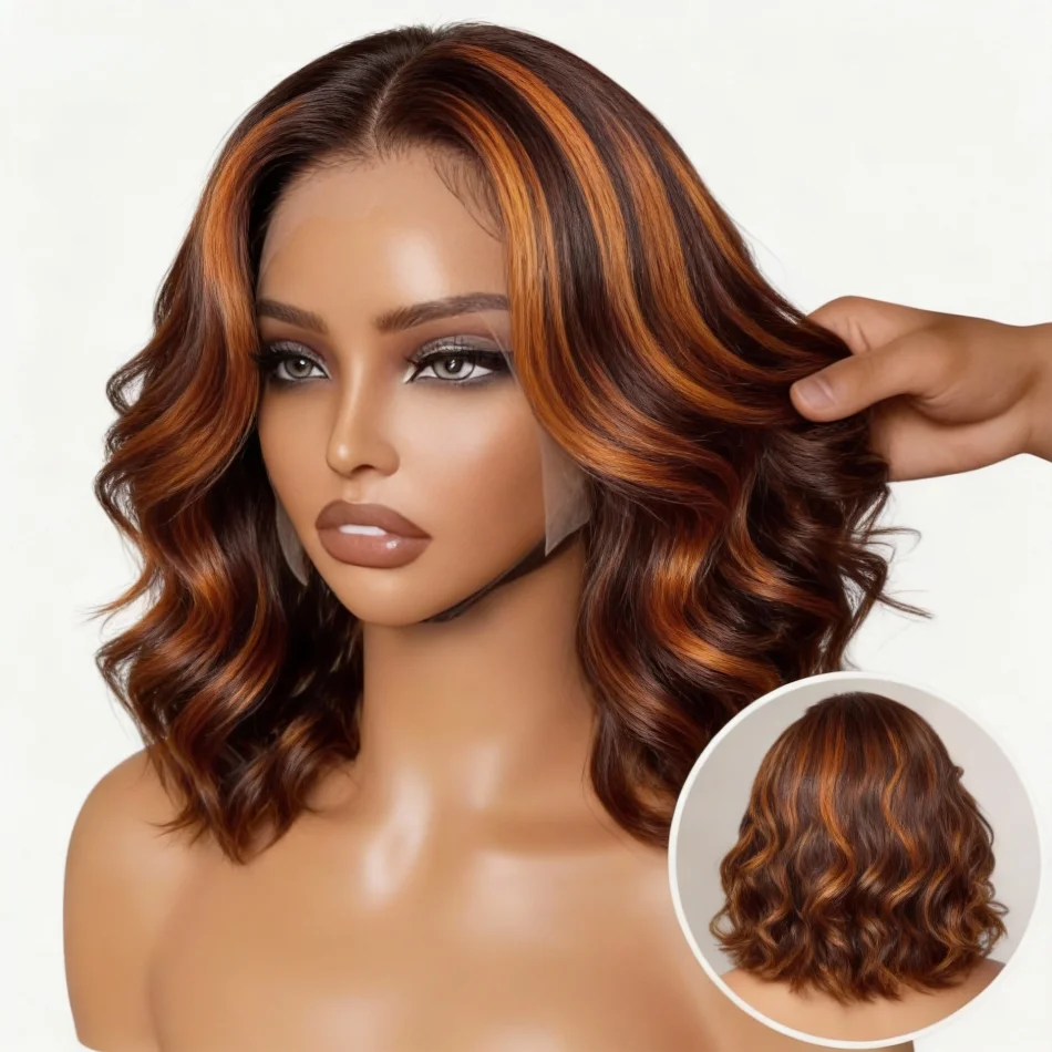 

Ginger With Brown Highlight Body Wave Upgraded #4/350 Short Bob 13x4 HD Lace Human Hair Wigs Pre Plucked 5x5 Glueless Wig