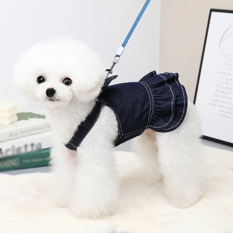 Pet Denim Dress Spring Summer Dog Dress Puppy Girl Clothes Cute Bow-Knot Dog Skirt French Bulldog Jeans for Small Medium Dog Cat