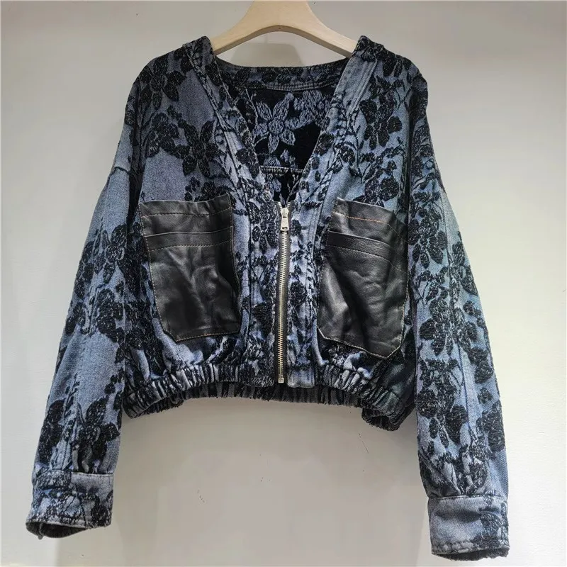 

Fashion Jacquard Blue Short Denim Jacket Faux Pu Leather Pocket Patchwork V-Neck Long Sleeve Jeans Jacket Coat Autumn Streetwear