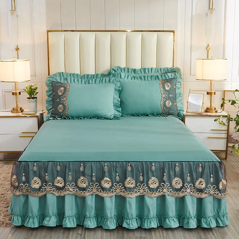 Green Lace Embroidery Cotton Bedding Bedspread Pillowcases European Solid Color Bed Skirt Mattress Cover Home Textile