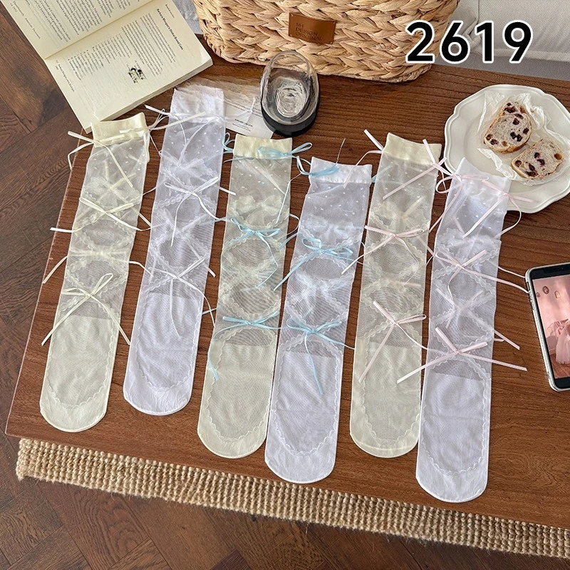 1 Pair Summer Mesh Lolita Bow Stockings for Kids Girl  Sweet Bow Ribbon Fashion Thin Mesh Knee High Socks Korean for Children