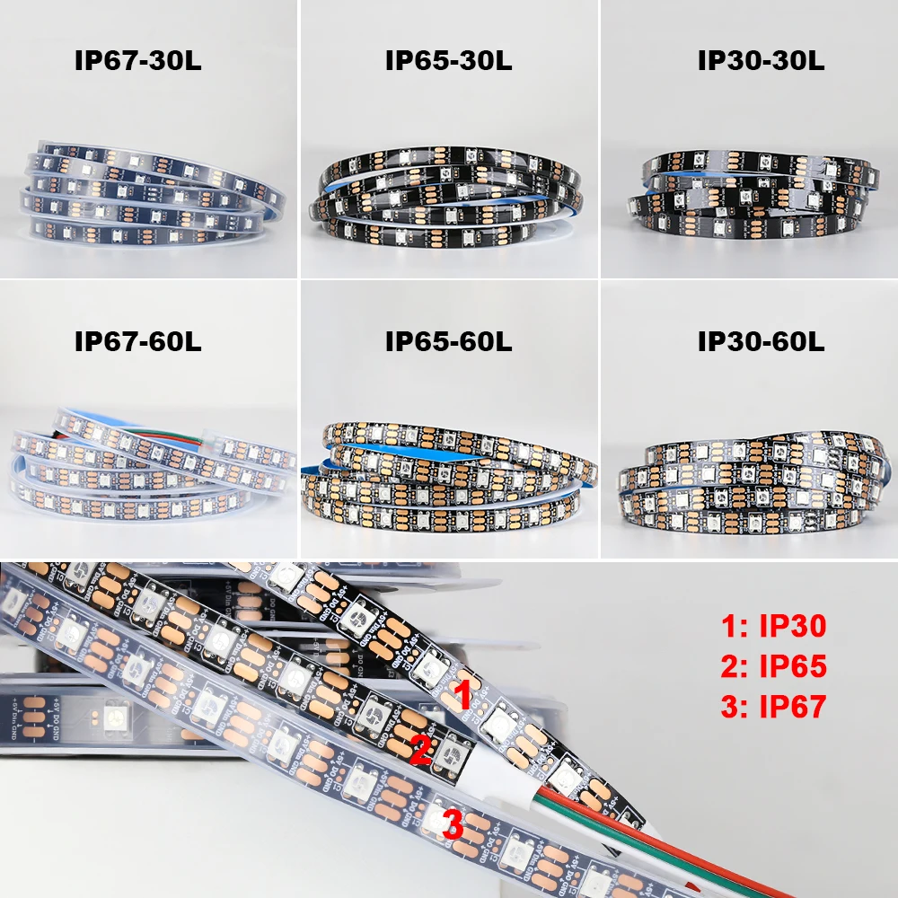 WS2812B Luci a Led DC5V Smart RGB Led Strip Light indirizzabile individualmente IC Magic Strip Light Nero Bianco PCB IP30/IP65/IP67