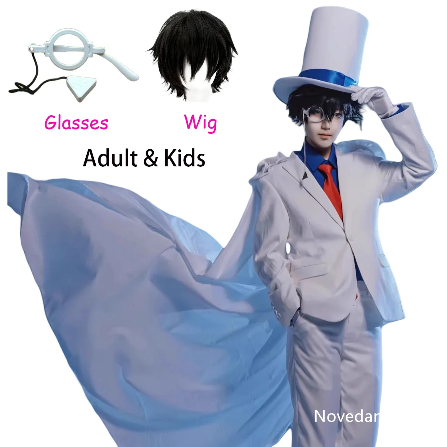 Kaitou Kiddo Cosplay Costume Kid The Phantom Thief Kuroba Kaito Cosplay Uniform Cape Hat Glasses Wig Props Carnival Party Suit