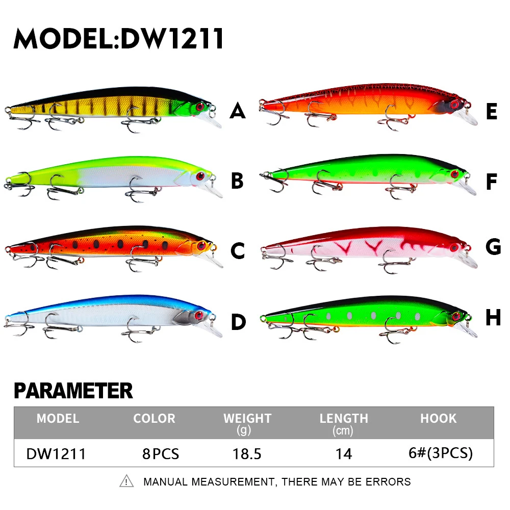 

PROBEROS 1pcs Fishing Lure 14cm 18.5g Hard Artificial Minnow Lures 8 Color Crankbait Fishing Baits 6# Treble hook dw1211