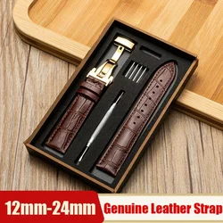 12/13/14/15/16/17/18/19/20mm 22mm 24mm Genuine Leather Strap Watchband With Box Butterfly Clasp Universal Men WomenBelt Bracelet