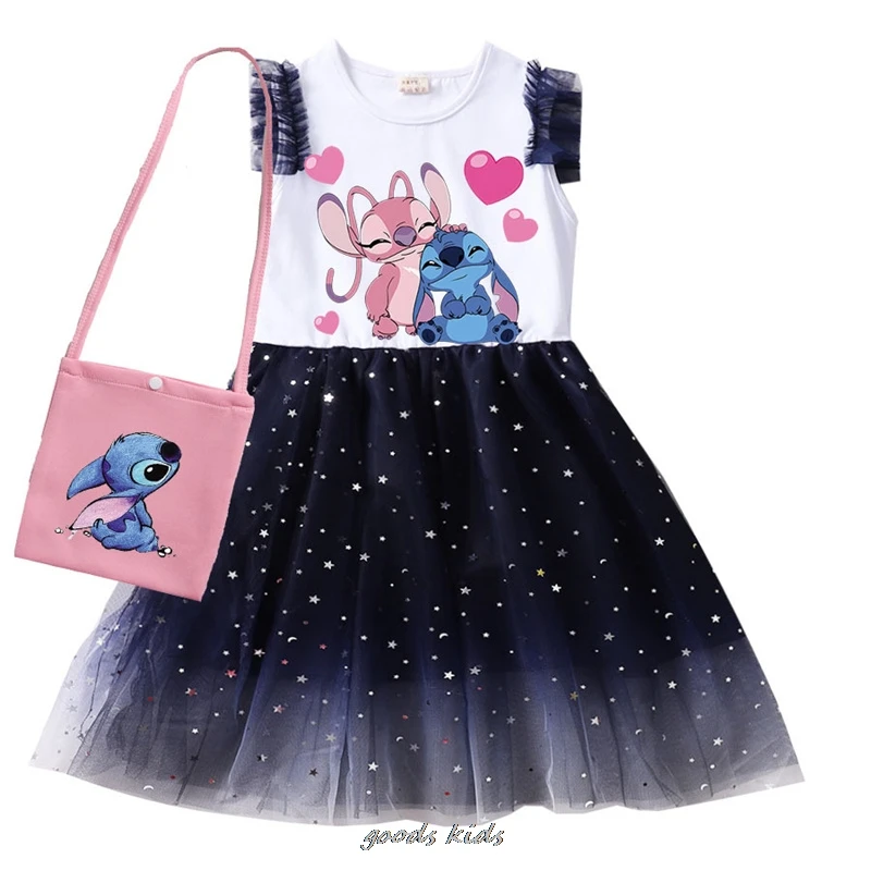 Lovely 2-9Y Lilo And Stitch Baby Girl Summer Party Dress Bag Kids Sleeveless TShirt Sequin Children Dresses Toddler Girl Outfits