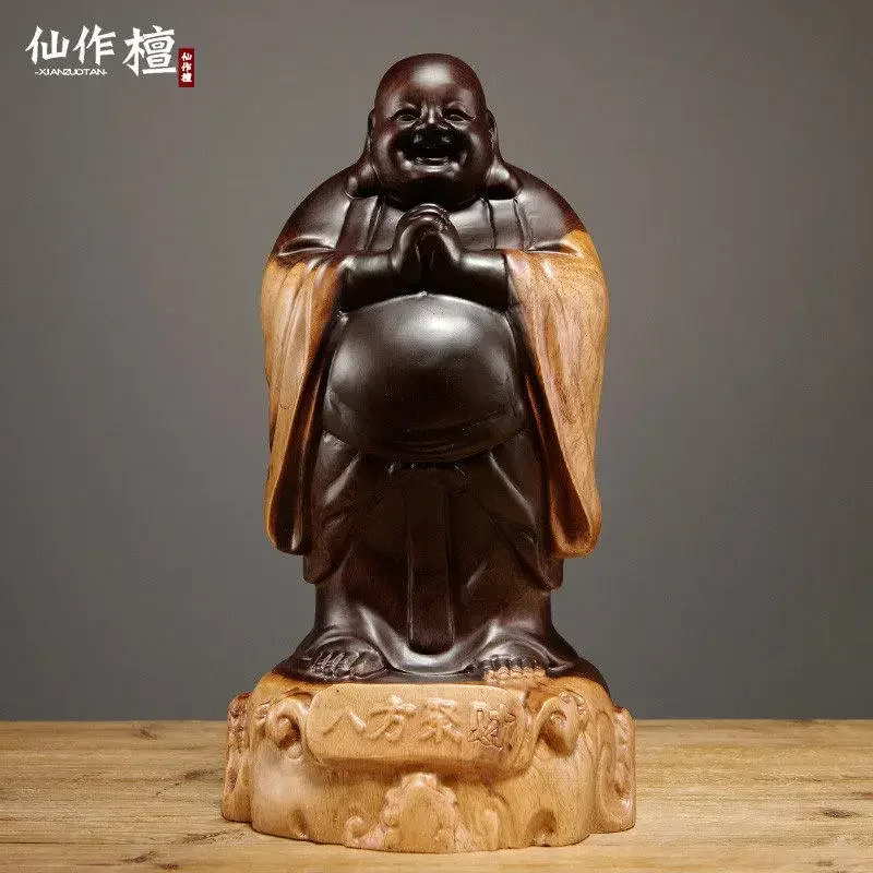 FX-17   ebony wood carving Maitreya Buddha statue ornament solid wood laughing Buddha home desktop decoration mahogany crafts