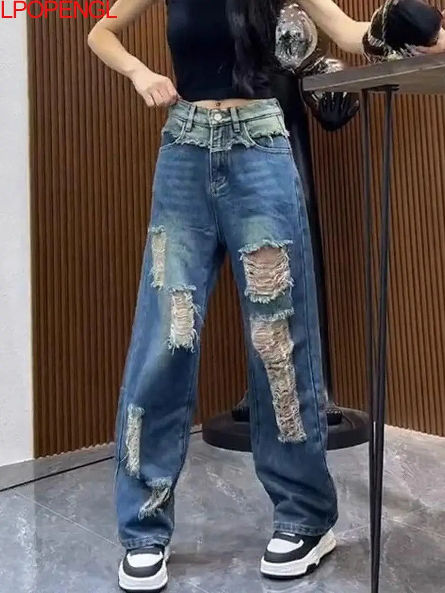 

Осенняя уличная одежда, брюки большого размера, новая женская одежда, контрастные цвета, рваные широкие джинсы с высокой талией и пуговицами