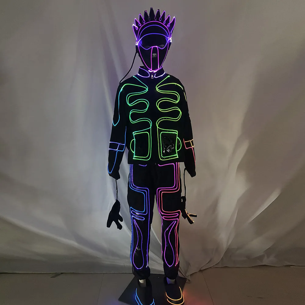 

Мужской светодиодный оптоволоконный костюм для косплея со светящимся шлемом, светящийся наряд для танцевальной вечеринки, сценического выступления, ролевых игр