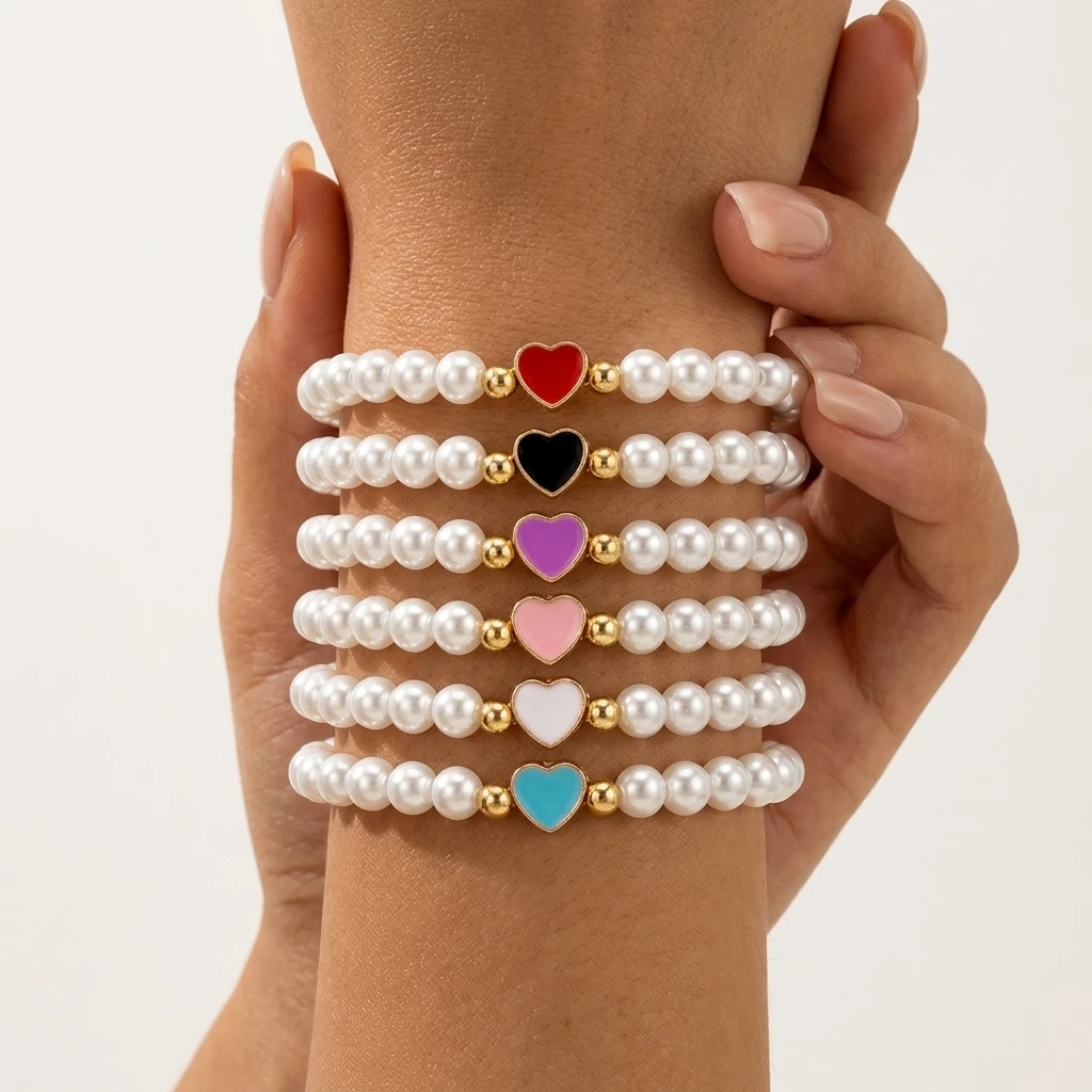 

Набор из 6 пластиковых браслетов с жемчужными бусинами и подвесками в форме сердца, в богемном стиле, для женщин