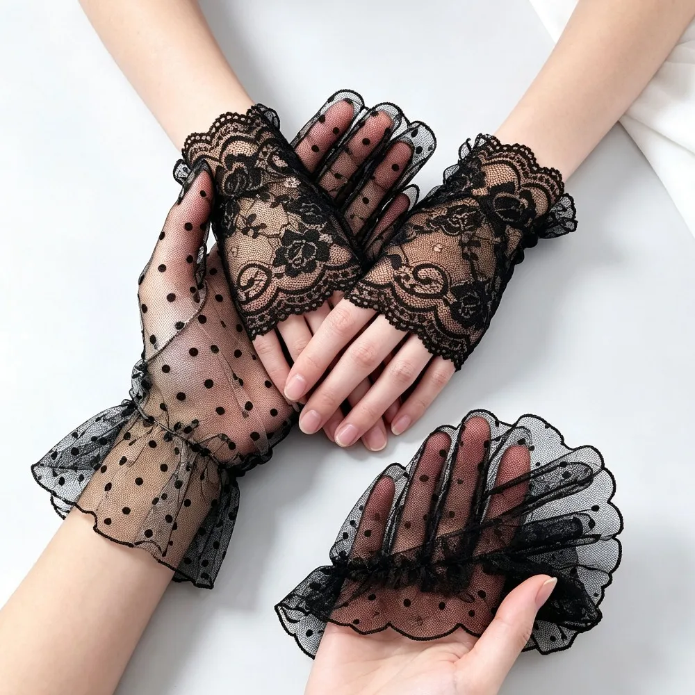 Black White Mesh Tulle Gloves, Dot Print Transparent Short Thin Gloves, Spring Summer Club Prom Party Dancing Dress Gloves