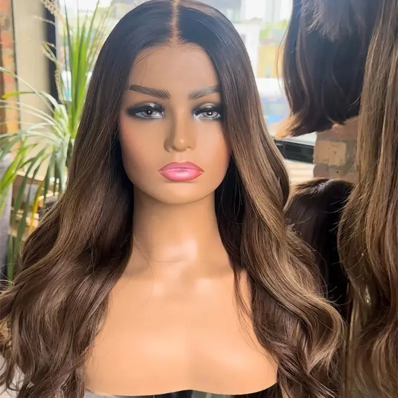 Ombre Warm Brown Highlights Glueless Wigs with Dark Roots Synthetic Hair Balayage Beginner Friendly Heat Resistant Fiber 24 Inch