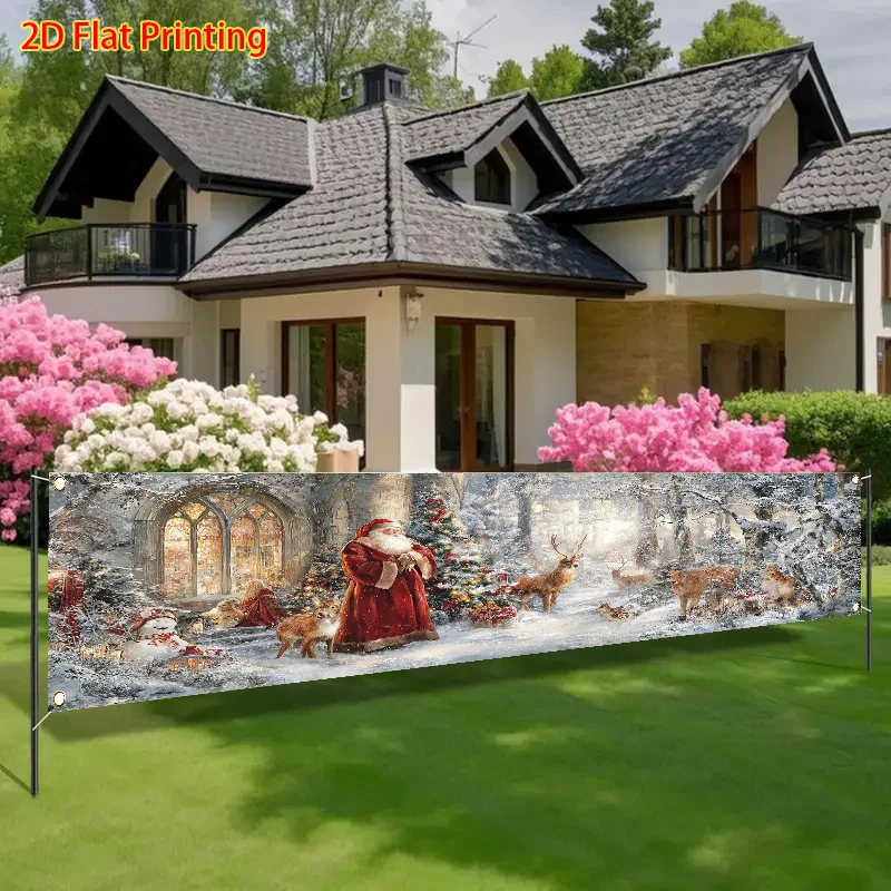 Winter Christmas Santa Claus Reindeer Fence Banner Yard Flag Decor Cover for Outdoor Lawn Wall Indoor Party Festival