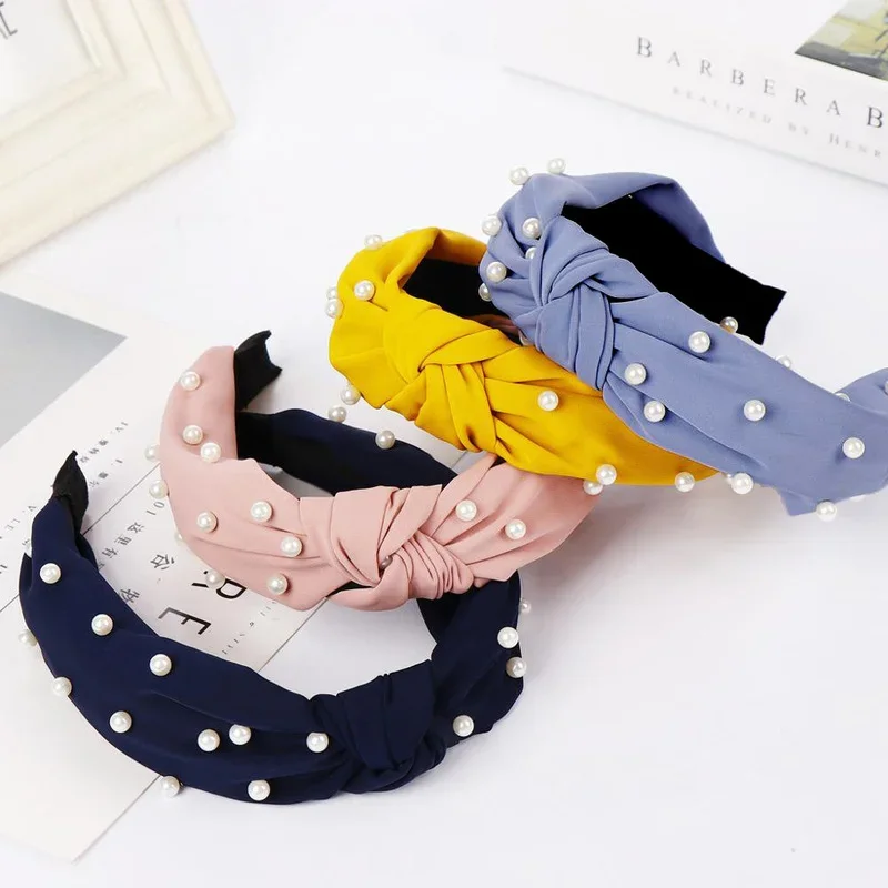 Pearl Knot Solid Fabric Headbands Ladies Velvet Denim Beads Hairbands Fashion Hair Bands Hoops Hair Accessories for Women Girls