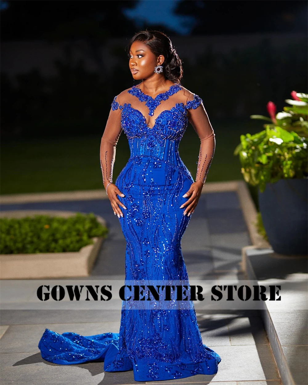 Royal Blue Long Mesh Sleeves Aso Ebi Evening Dresses Beaded Rhinestones Elegant Party Dress Mermaid African Woman Customized