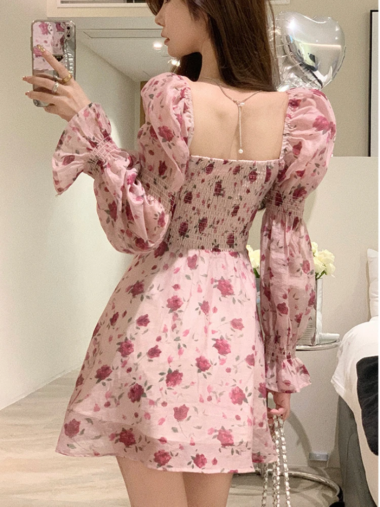 Y2K Pink Romantic Floral Spaghetti Dress Women 2024 Summer Slim Elastic High Waist Party Club Mini Dresses