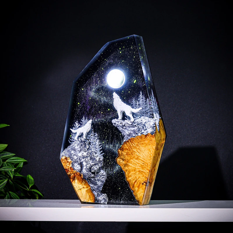Lámpara de Mesa de Resina con Figura de Animales de la Naturaleza, Decoración Artística Creativa, Luz Nocturna con Diseño de Lobo en la Nieve, Carga USB