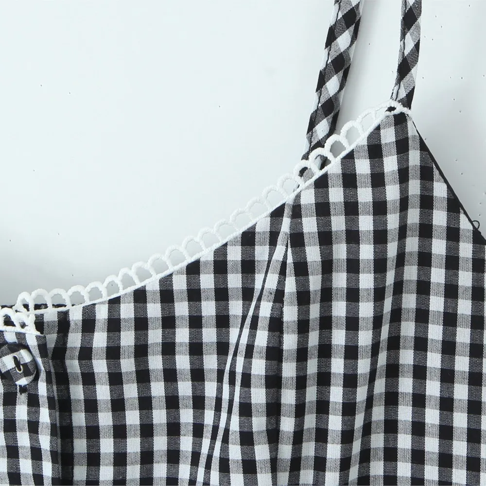 2025 Sexy Gingham Plaid Spliced Lace O neck Mini Sling Dress Women Open Through Buttons Low Waist Swing A line one-piece Dresses