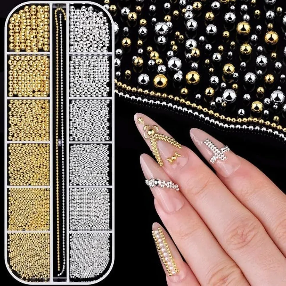 New 12 Grids Nail Art Studs Gold Metallic Steel Beads Nail Art Beads 3D Details Bead Rivet Nail Tips Manicure Accessories