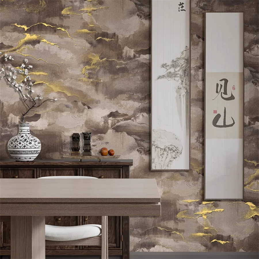 New Chinese style gilded auspicious clouds, golden ink landscape painting wallpaper, living room background wall paper, tea room