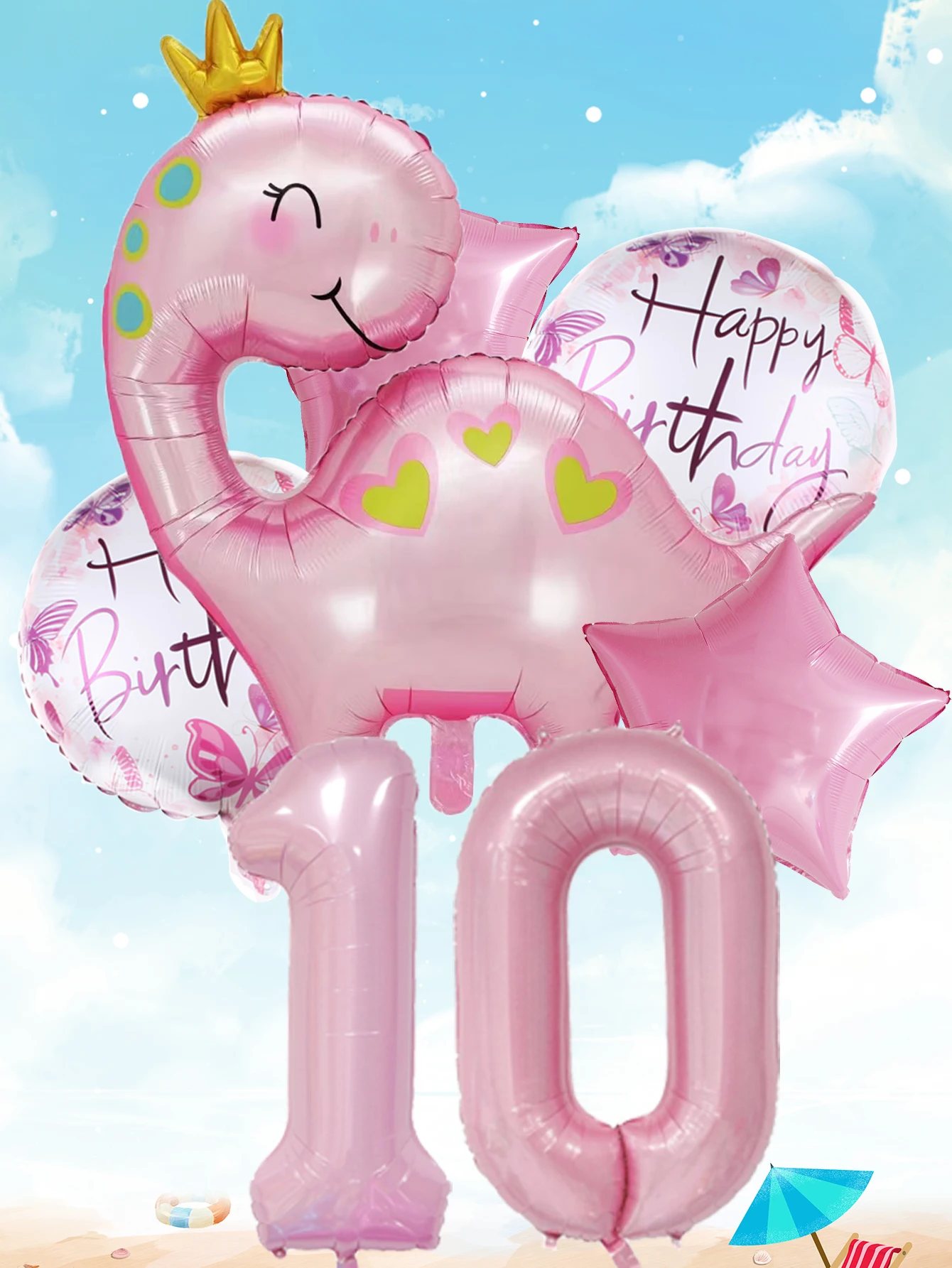 1set Pink Crown Dinosaur Foil Balloons 40 Inch Number Helium Balloon Baby Girl Children‘s Birthday Party Decorations Kids’